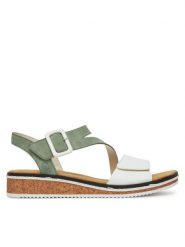 Rieker Sandały V3660-52 Zielony. Zielone sandały damskie Rieker, bez wzorów, z materiału, bez obcasa, na koturnie. Za 239.99 zł.