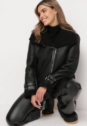 Czarna Kurtka Biker Ozdobiona Wstawkami z Futerka i Paskami Nonnie. Czarne kurtki damskie Born2be, na zimę, l, bez wzorów, z materiału, bez kaptura. Za 329.99 zł.