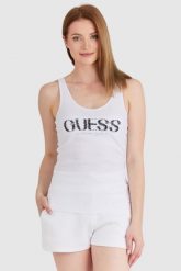 GUESS Biały top damski z logo z koralików. Białe topy damskie Guess, s, z aplikacjami, z bawełny, bez kołnierzyka. W wyprzedaży za 129.99 zł.