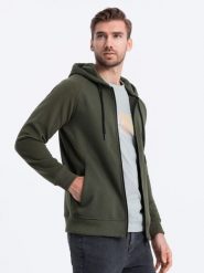 Bluza męska rozpinana z kapturem - khaki V1 OM-SSZP-0124 - L. Brązowe bluzy z kapturem męskie Ombre Clothing, l, z bawełny. W wyprzedaży za 59.99 zł.