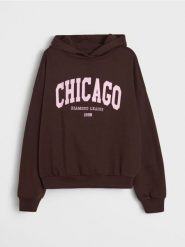 Bawełniana bluza hoodie z napisem "Chicago" - brązowy. Brązowe bluzy bez kaptura damskie Sinsay, l, z bawełny. Za 49.99 zł.