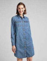 LEE SHIRT DRESS DAMSKA SUKIENKA JEANSOWA DŻINS MID STONE L50DPLVK 112145226. Sukienki damskie Lee, l, bez wzorów, z jeansu, bez kołnierzyka, bez ramiączek. Za 179.99 zł.