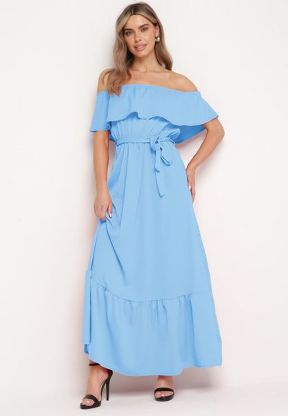 Niebieska Sukienka o Rozkloszowanym Fasonie z Hiszpańskim Dekoltem i Materiałowym Paskiem Nacara. Niebieskie sukienki damskie Born2be, na co dzień, na lato, l, bez wzorów, z materiału, bez kołnierzyka, bez ramiączek, mini, kopertowe. Za 64.99 zł.