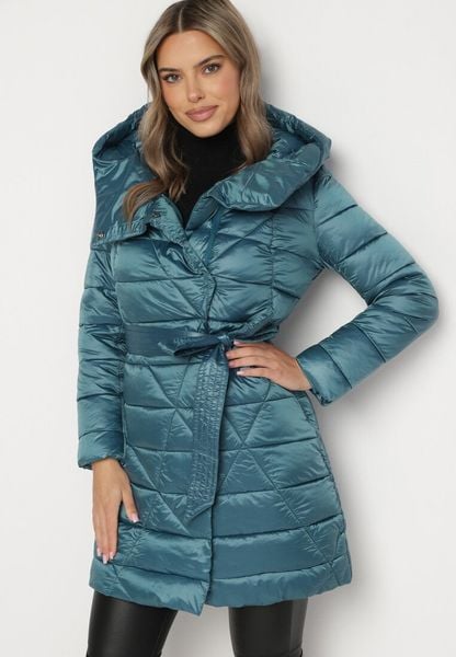 Niebieska Długa Pikowana Kurtka z Kapturem Wiązana w Talii Ansibel. Niebieskie kurtki damskie Born2be, l, bez wzorów, z kapturem. Za 189.99 zł.