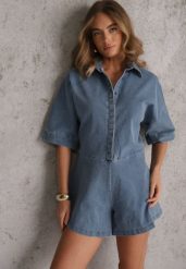 Niebieski Jeansowy Kombinezon o Krótkim Fasonie Oversize Cnassiasse. Niebieskie kombinezony damskie Renee, na lato, l, bez wzorów, z denimu, casualowe, bez kołnierzyka, bez ramiączek, krótkie. Za 219.99 zł.