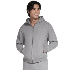Bluza dresowa sportowa męska Max Soft Full Zip Hoodie. Szare bluzy sportowe męskie Skechers, bez wzorów, z bawełny, sportowe, bez kołnierzyka, bez ramiączek. Za 299.99 zł.