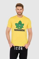 DSQUARED2 Żółty t-shirt z logo i zielonym liściem. Żółte t-shirty męskie Dsquared2, l, bez wzorów, bez kołnierzyka. W wyprzedaży za 599.99 zł.
