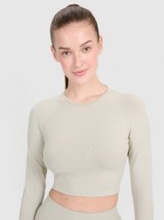 4F Longsleeve treningowy crop-top z wycięciem na plecach damski - beżowy M/L. Brązowe topy damskie 4f, l, bez wzorów, bez kołnierzyka. W wyprzedaży za 59.99 zł.