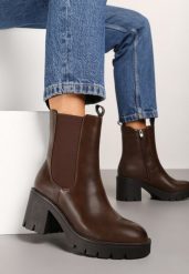 Brązowe Botki na Słupku w Stylu Sztybletów Ozdobione Elastyczną Wstawką Lealin. Brązowe botki damskie Renee, z jeansu, eleganckie, bez obcasa, na obcasie, bez zapięcia. Za 139.99 zł.