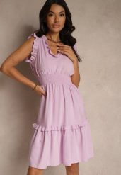 Fioletowa Rozkloszowana Sukienka z Wiskozą Bez Rękawów Lirabellae. Fioletowe sukienki damskie Renee, m, bez wzorów, z bawełny, eleganckie, bez kołnierzyka, bez ramiączek, mini, rozkloszowane. W wyprzedaży za 45.49 zł.