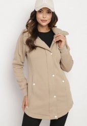 Ciemnobeżowa Długa Bluza z Bawełną i Kapturem Zapinana na Napy Corida. Brązowe bluzy z kapturem damskie Born2be, s, z bawełny. Za 59.99 zł.