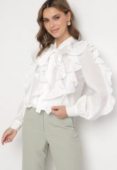 Biała Koszula z Wiskozą o Luźnym Kroju z Falbanami i Wiązaniem Ravionel. Białe koszule damskie Born2be, m, bez wzorów, z wiskozy, eleganckie, bez kołnierzyka, bez ramiączek. Za 169.99 zł.
