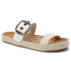 Klapki damskie Big Star, materiał syntetyczny z regulowanym paskiem zapinanym na klamrę profilowaną wkładką, białe, JJ274729. Białe klapki damskie Big Star, bez wzorów, z materiału, bez obcasa. Za 99.00 zł.