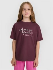 4F T-shirt regular z nadrukiem dziewczęcy - różowy 140 (9-10 lat). Fioletowe koszulki dziewczęce 4f, m, bez wzorów, z bawełny, bez ramiączek. W wyprzedaży za 39.99 zł.