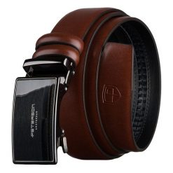 Skórzany pasek męski w brązowym kolorze z automatyczną klamrą - Peterson. Brązowe paski męskie Peterson, bez wzorów, ze skóry, eleganckie. Za 69.99 zł.