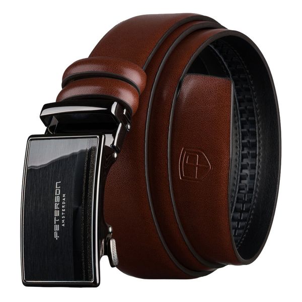 Skórzany pasek męski w brązowym kolorze z automatyczną klamrą - Peterson. Brązowe paski męskie Peterson, bez wzorów, ze skóry, eleganckie. Za 69.99 zł.