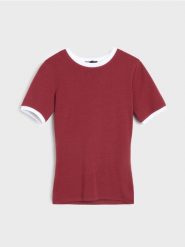 Bawełniana koszulka z kontrastową lamówką - brązowy. Brązowe t-shirty damskie Sinsay, l, bez wzorów, z bawełny, bez kołnierzyka. Za 25.99 zł.