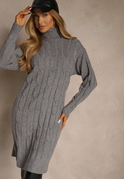 Szara Sukienka Sweterkowa z Golfem Wełną Bawełną i Ozdobnym Splotem Reilenea. Szare sukienki damskie Renee, na spotkanie biznesowe, l, bez wzorów, z bawełny, eleganckie, bez kołnierzyka, bez ramiączek, midi. Za 79.99 zł.