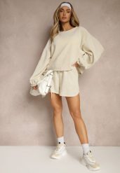 Beżowy Basicowy Komplet Szorty i Bluza Novirissa. Brązowe bluzy bez kaptura damskie Renee, bez wzorów, z materiału. Za 129.99 zł.