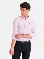Bawełniana męska koszula REGULAR FIT w drobne paski – różowa V2 OM-SHOS-0170 - XXL. Czerwone koszule męskie Ombre Clothing, l, bez wzorów, z bawełny, bez kołnierzyka, bez ramiączek. W wyprzedaży za 109.99 zł.