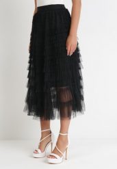 Czarna Rozkloszowana Spódnica z Tiulowymi Falbankami i Gumką w Pasie Keleia. Czarne spódniczki damskie Born2be, bez wzorów, z tiulu, maxi, rozkloszowane. Za 139.99 zł.