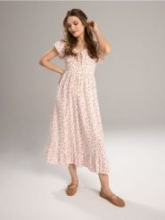 Sukienka midi w kwiaty w stylu cottage z wiskozą - wielobarwny. Sukienki damskie Sinsay, l, bez wzorów, z wiskozy, bez kołnierzyka, bez ramiączek, midi. Za 79.99 zł.