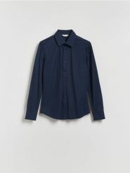 Gładka koszula super slim fit - granatowy. Niebieskie koszule męskie Reserved, l, bez wzorów, z dzianiny, bez kołnierzyka, bez ramiączek. Za 129.99 zł.