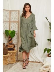 Lin Passion Lniana sukienka w kolorze khaki rozmiar: 34/36. Brązowe sukienki damskie Lin Passion, bez wzorów, ze lnu, klasyczne, bez kołnierzyka, bez ramiączek, midi. Za 136.13 zł.