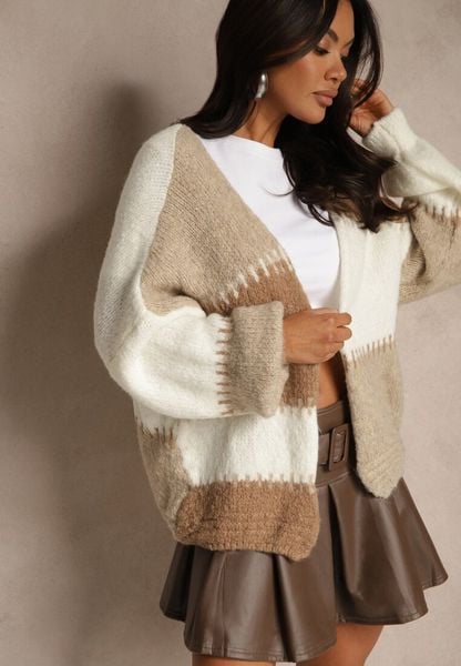 Brązowy Kardigan z Domieszką Wełny i Wiskozy w Patchworkowym Stylu Fesolinne. Brązowe kardigany damskie Renee, s, bez wzorów, z jeansu. Za 119.99 zł.