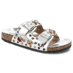 Srebrne Klapki S.Barski Eleganckie Obuwie Damskie Z Kryształkami. Szare klapki damskie S.BARSKI, bez wzorów, bez obcasa. Za 119.00 zł.