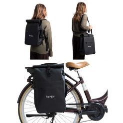 Wodoodporny plecak rowerowy 3w1 – plecak, sakwa na bagażnik i torba na ramię. Czarne plecaki męskie RAINJOY, bez wzorów, do ręki. Za 290.00 zł.