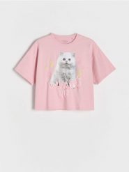 T-shirt z nadrukiem - brudny róż. Czerwone koszulki dziewczęce Reserved, bez wzorów, z bawełny, bez ramiączek. W wyprzedaży za 19.99 zł.