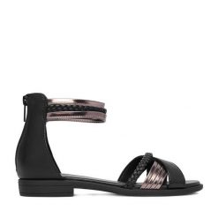 Sandały JENNY. Czarne sandały damskie Jenny, bez wzorów, bez obcasa, na płaskiej podeszwie. Za 99.99 zł.