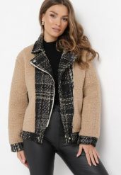 Beżowa Kurtka Oversize z Futerka Baranek Brona. Brązowe kurtki damskie Born2be, m, bez wzorów, bez kaptura. Za 389.99 zł.