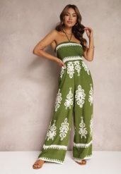 Zielony Taliowany Kombinezon z Wiskozy Ozdobiony Geometrycznym Motywem Perceria. Zielone kombinezony damskie Renee, m, bez wzorów, z wiskozy, eleganckie, bez kołnierzyka, bez ramiączek. Za 89.99 zł.