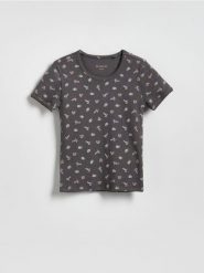 Wzorzysty t-shirt - ciemnoszary. Szare koszulki dziewczęce Reserved, bez wzorów, z bawełny, bez ramiączek. Za 27.99 zł.