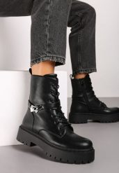 Czarne Sznurowane Botki na Platformie w Stylu Workerów z Ozdobnym Paskiem Verillinn. Czarne botki damskie Renee, z jeansu, eleganckie, bez obcasa, na platformie, bez zapięcia. Za 149.99 zł.