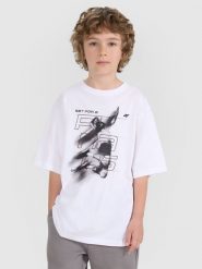 4F T-shirt regular z nadrukiem dziecięcy - biały 134/140 (8-10 lat). Białe koszulki dziewczęce 4f, m, bez wzorów, z bawełny, bez ramiączek. Za 49.99 zł.