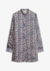 Długa bluzka z szyfonu. Niebieskie bluzki damskie bonprix, bez wzorów, z szyfonu, eleganckie, bez kołnierzyka, bez ramiączek. Za 149.99 zł.