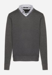 Jasnoszary Sweter z Wełną i Koszulowym Kołnierzykiem Espirra. Szare swetry męskie Born2be, l, bez wzorów, z wełny, bez kołnierzyka. Za 59.99 zł.