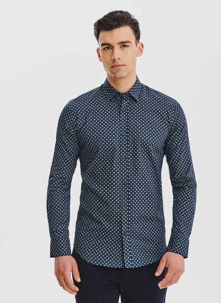 PAKO LORENTE - Granatowa koszula męska we wzór geometryczny. Koszule męskie Pako Lorente, na jesień, m, bez wzorów, z bawełny, bez kołnierzyka, bez ramiączek. Za 119.99 zł.