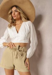 Beżowe Szorty High Waist Wiązane w Pasie Gilalilena. Brązowe szorty damskie Renee, bez wzorów, z materiału, eleganckie, z podwyższonym stanem. Za 44.99 zł.