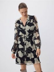 Sukienka mini z wiązaniem - beżowy. Brązowe sukienki damskie Reserved, l, bez wzorów, z tkaniny, bez kołnierzyka, bez ramiączek, mini, rozkloszowane. W wyprzedaży za 49.99 zł.