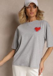Szary T-shirt z Bawełny Ozdobiony Sercem Ranira. Szare t-shirty damskie Renee, z aplikacjami, z bawełny, bez kołnierzyka. Za 59.99 zł.