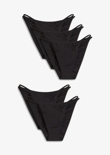 Figi mini tanga z bawełną organiczną (5 par). Czarne figi damskie bonprix, bez wzorów, z bawełny. Za 64.99 zł.