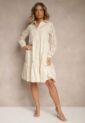 Beżowa Haftowana Sukienka z Bawełny Folisse. Brązowe sukienki damskie Renee, l, bez wzorów, z bawełny, eleganckie, bez kołnierzyka, bez ramiączek, midi. W wyprzedaży za 135.99 zł.