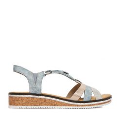 Sandały Rieker. Niebieskie sandały damskie Rieker, bez wzorów, bez obcasa, na płaskiej podeszwie. Za 319.99 zł.