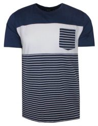 T-Shirt Granatowo-Biały w Paski, z Kieszonką, Męski, Koszulka, Krótki Rękaw, U-neck. Niebieskie t-shirty męskie Porthal, na lato, l, bez wzorów, z bawełny, bez kołnierzyka. Za 115.00 zł.