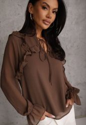 Brązowa Bluzka w Stylu Coquette z Falbankami i Wiązaniem przy Szyi Seathrina. Brązowe bluzki damskie Renee, l, bez wzorów, z jeansu, bez kołnierzyka, bez ramiączek. Za 109.99 zł.