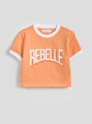 Krótki t-shirt z nadrukiem - pomarańczowy. Brązowe koszulki dziewczęce Reserved, bez wzorów, z bawełny, bez ramiączek. Za 35.99 zł.